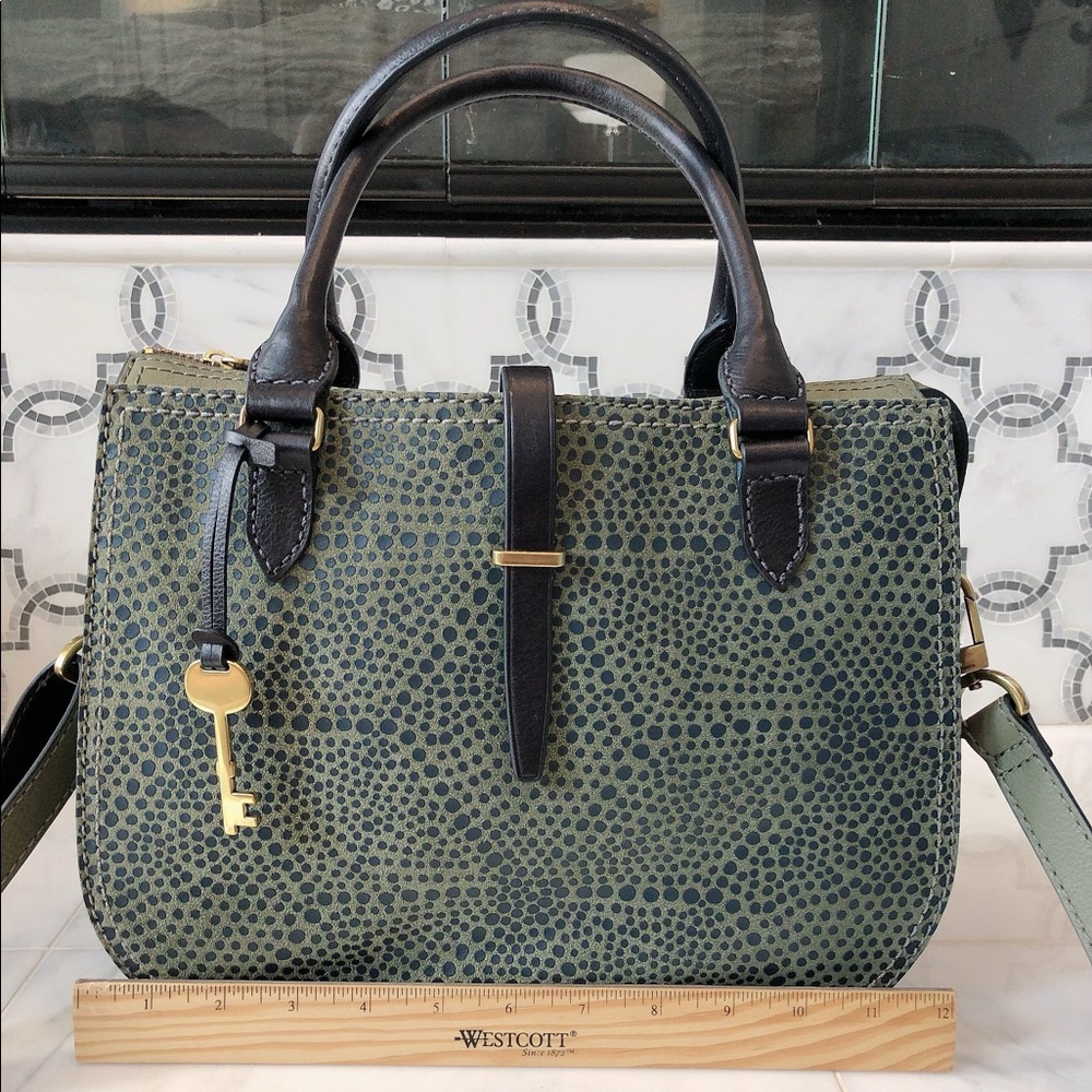 Fossil Ryder Satchel Handbag olive green and navy with patterned front panel